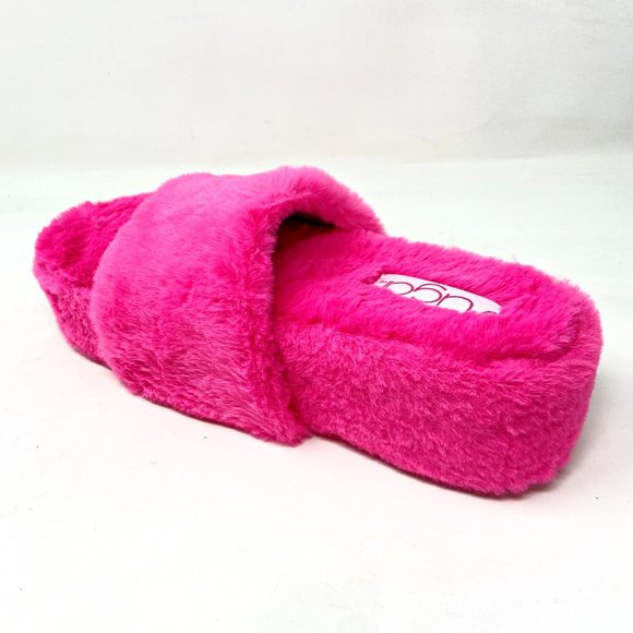 Sugar Wryde Hot Pink Platform Womens Fluffy Slip On Fur Slipper Warm Sandals - Picture 3 of 5